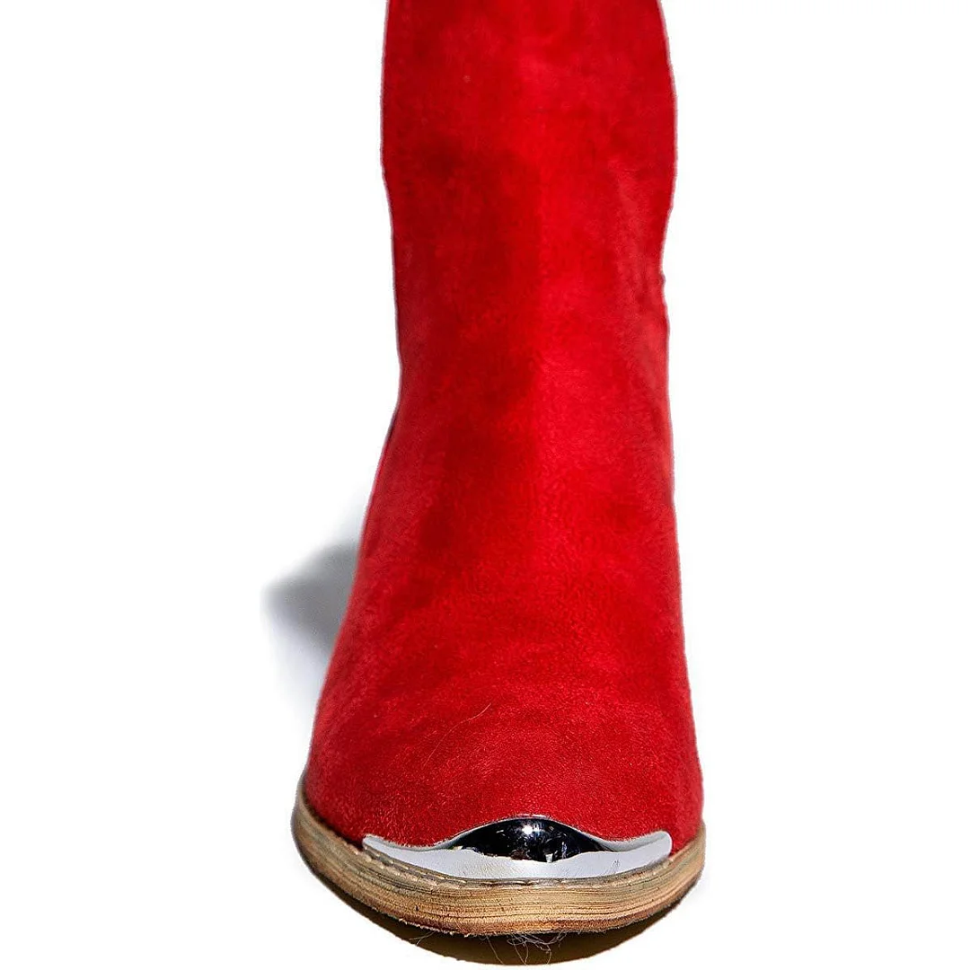 Red Pointed Toe Chunky Heel Cut Out Ankle Boots for Women with Metal