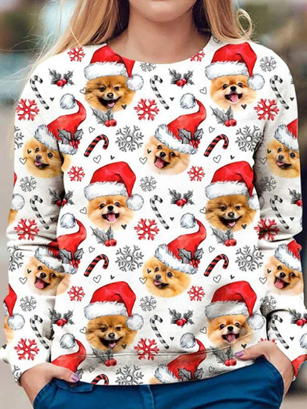 Women's Casual Christmas Print Crew Neck Long Sleeve T-Shirt Flusfy