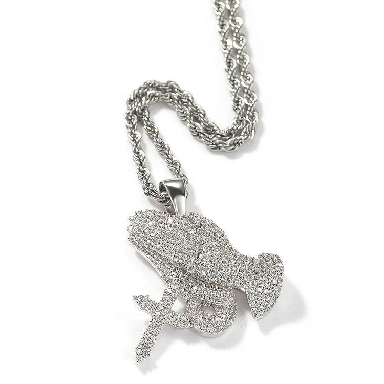 Iced Out Praying Hands Pendant Hip Hop Necklace Jewelry-VESSFUL