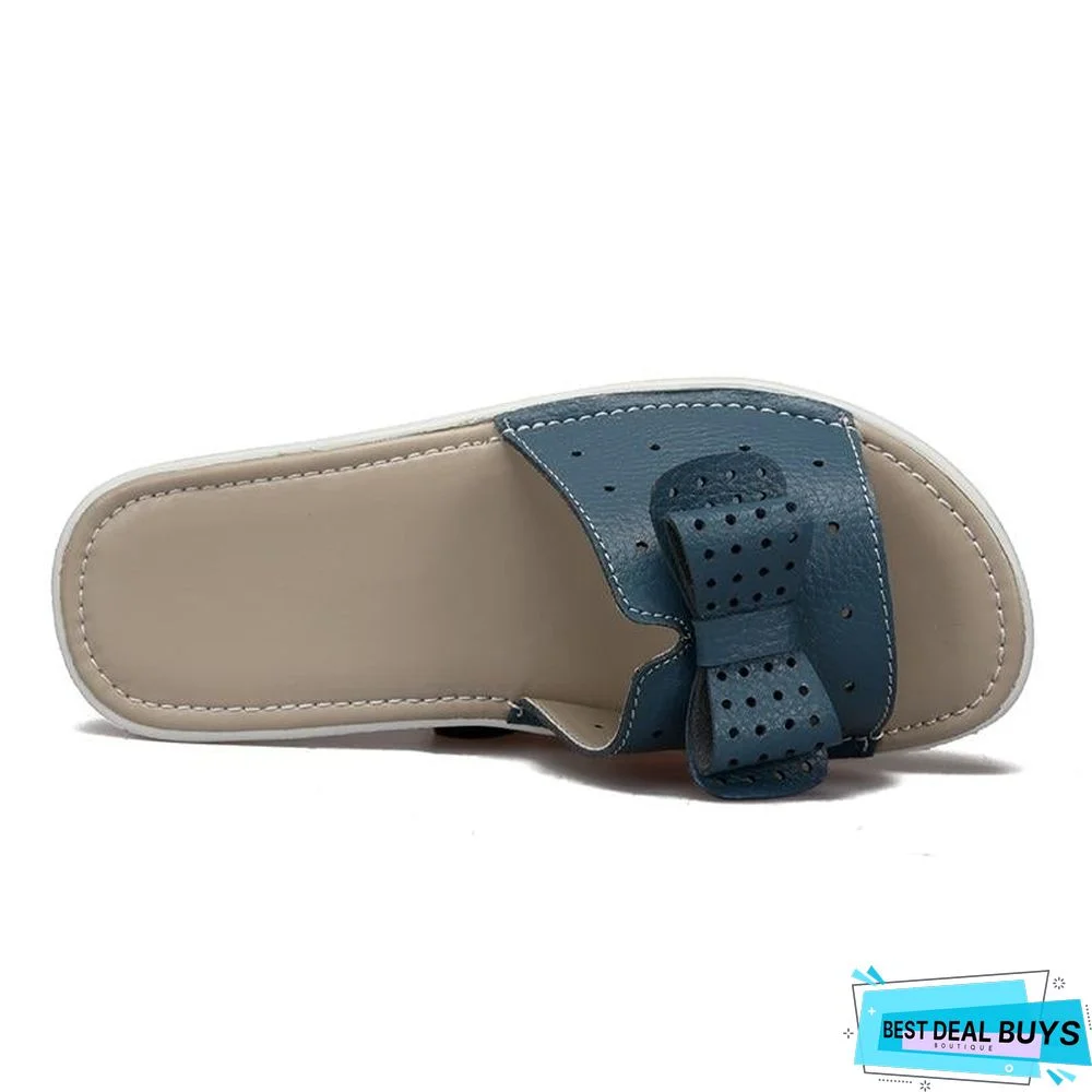 Summer Women Butterfly Knot Pu Leather Cut Out Flat Heels Slippers Sandals