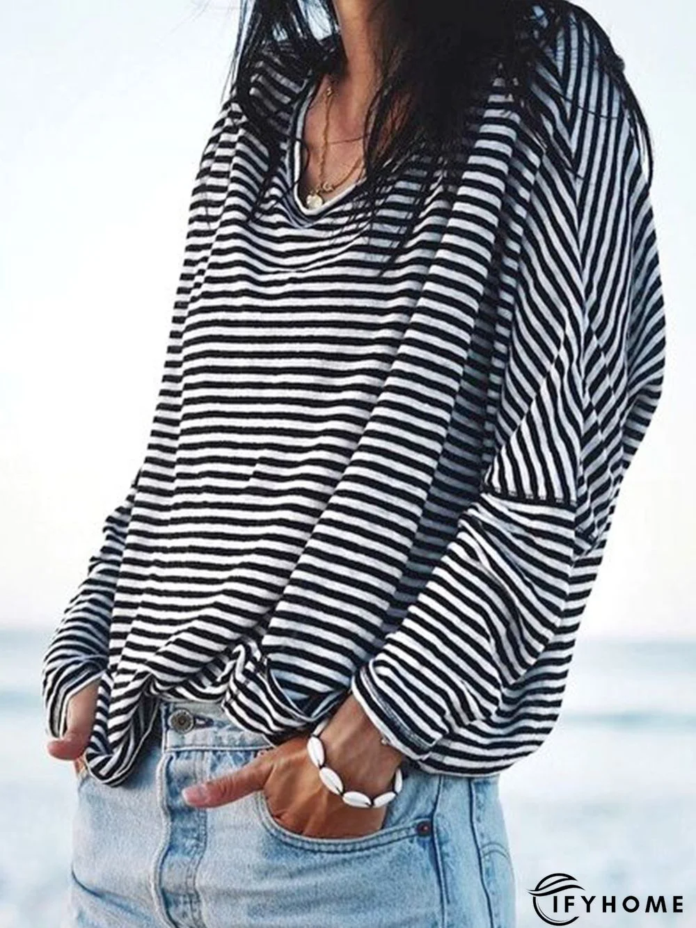 Crew Neck Fit Striped Casual T-shirt | IFYHOME