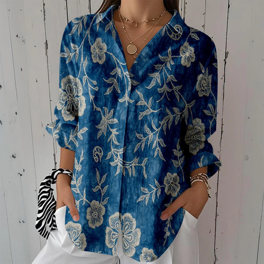 Style & Comfort for Mature Women Women Floral, Blue, White DZCL0478 3/4 Sleeve Shirt Collar Printed Button Tops