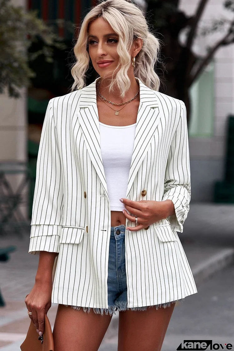 Striped Double-Breasted Long Sleeve Blazer