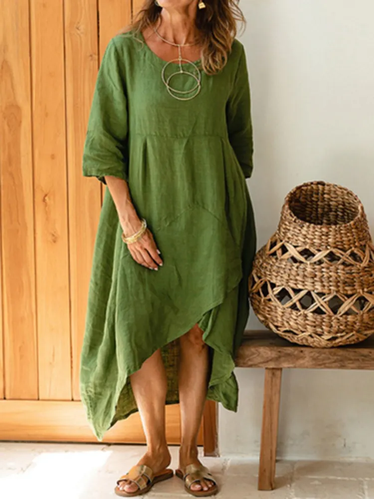 Retro Loose Summer Cotton Linen Long Dress Casual Harajuku Solid Sleeve Irregular Women