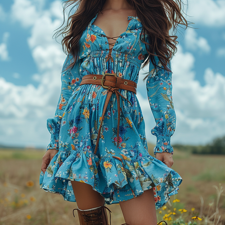 Retro Women's Long-sleeved Printed Dress Country Pastoral Style Floral European Pleated Design Short Dress
