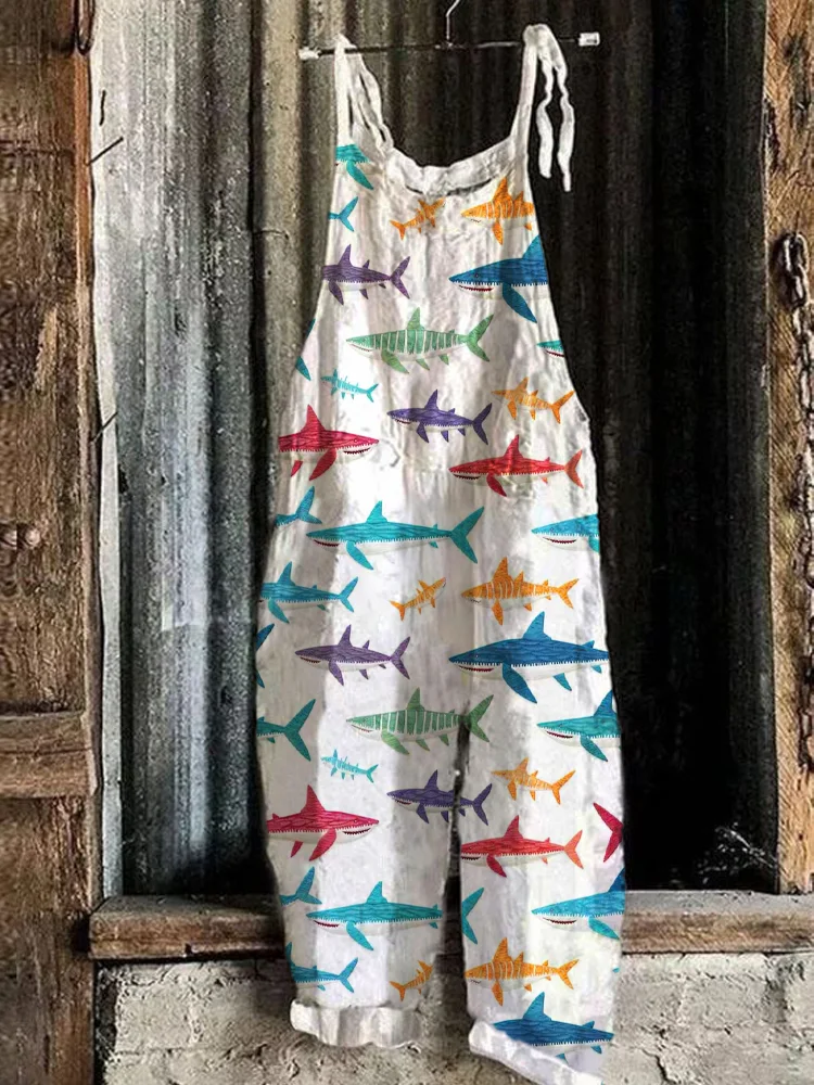 VChics Colorful Shark Knit Pattern Linen Loose Jumpsuit