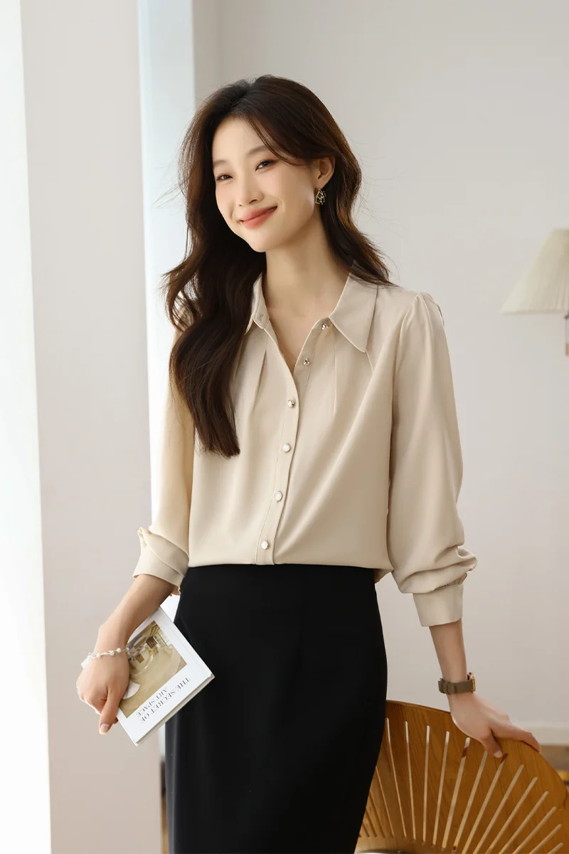 Athvotar Athvotar 2025 New Solid Color Repair Body Clothes Thin Fashion Shirt Elegant Commute OL Chiffon Shirt