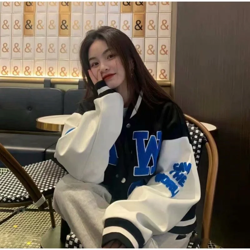 Women Letter Print Baseball Jacket Uniform Winter Korean Patchwork Oversized Coat Harajuku Single Breasted Unisex Jacket Coats