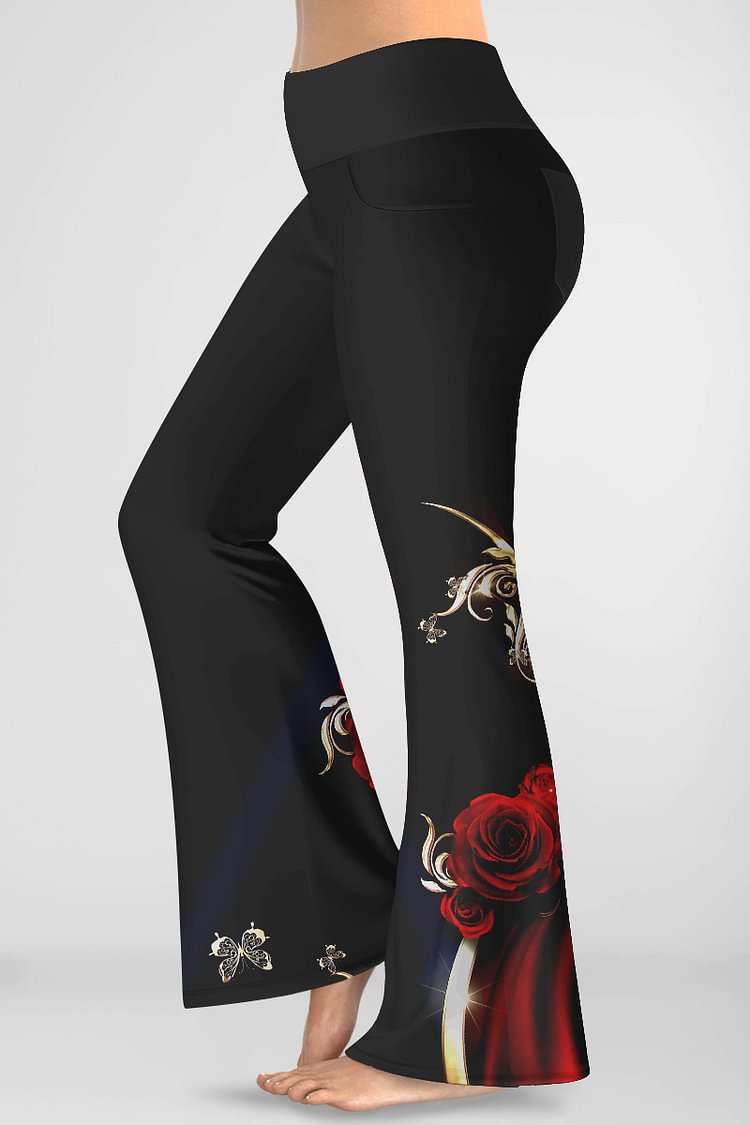 Flycurvy Plus Size Casual Black Plant Floral Rose Print Stitching Pocket Flared Pants  Flycurvy [product_label]