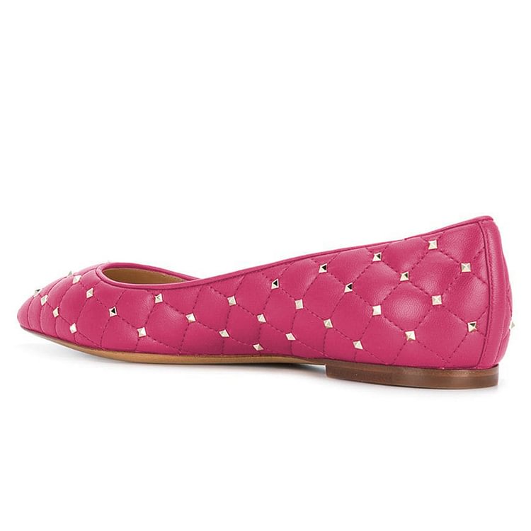 Hot Pink Quilted Studs Shoes Pointy Toe Comfortable Flats |FSJ Shoes