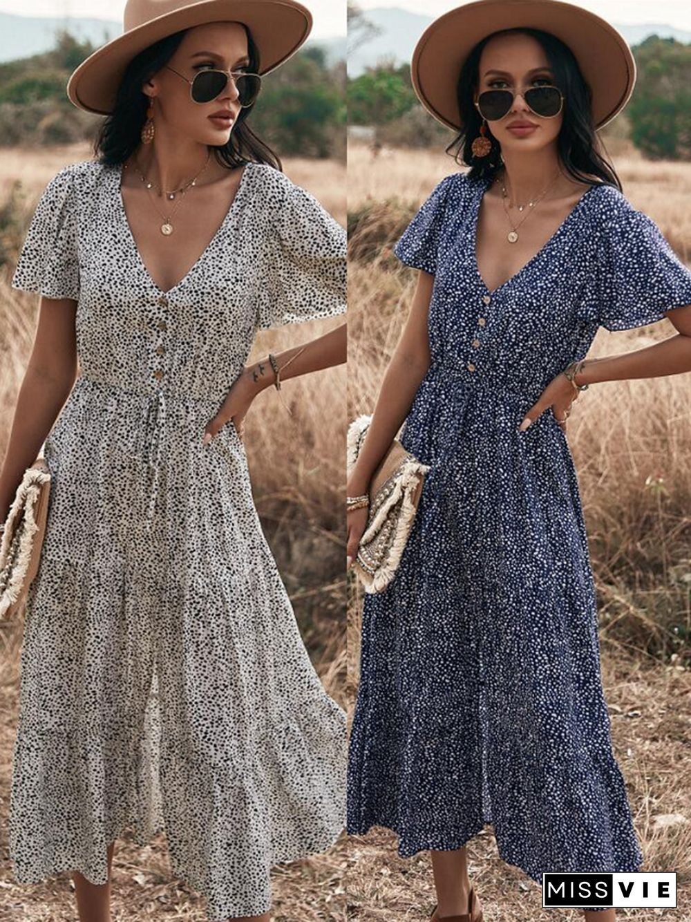 Sexy Big Swing Leopard Print Dress Spring/summer Short-sleeved Bohemian Vacation