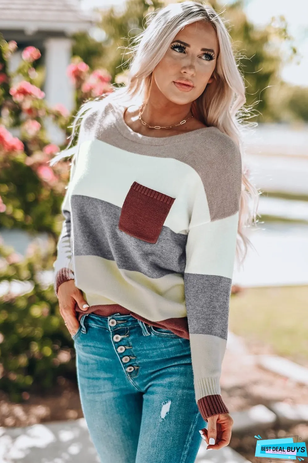 Color Block Drop Shoulder Round Neck Sweater