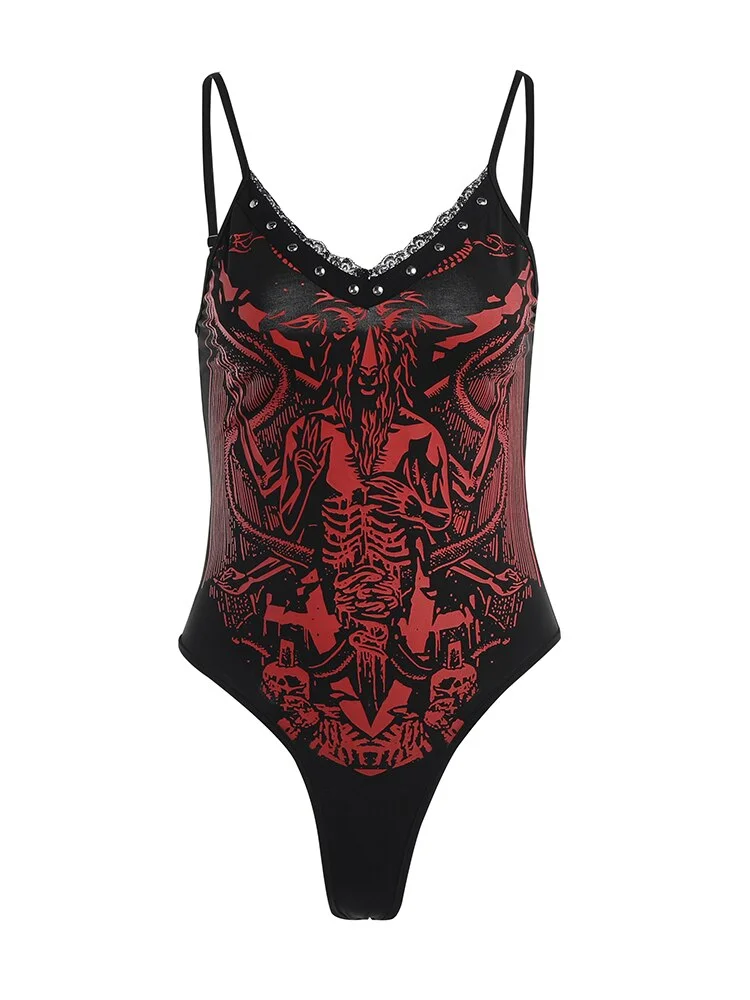 Jangj Gothic Emo Rivet Bodysuit Women E Girl Emo Red Bodysuits Evil Punk Dragon Print Bodycon Jumpsuit Grunge  Y2K Goth Mall Clothes