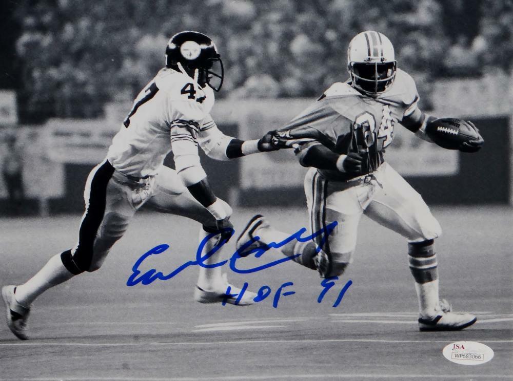 Earl Campbell Signed Oilers 8x10 BW Running vs Steelers W/ HOF- JSA W Auth *Blue