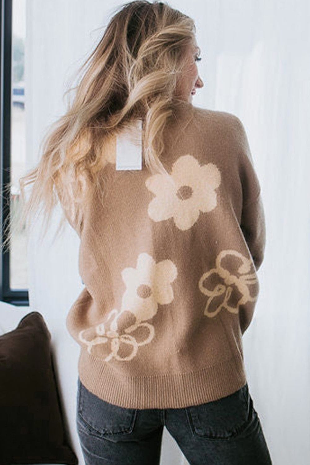 Cozy Camel Floral Knit Sweater with Drop Shoulder Detail
