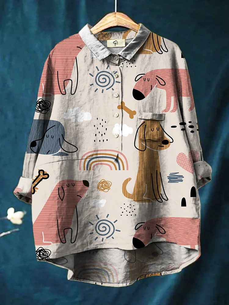 Cute Line Small Animal Puppy Triangle Print Cotton And Linen Shirt
