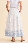 White Base Blue Floral Embroidery Tiered Skirt, Lightweight Cotton Eyelet Skirt, Cottagecore Boho Skirt, Wholesale Women's Summer Skirts