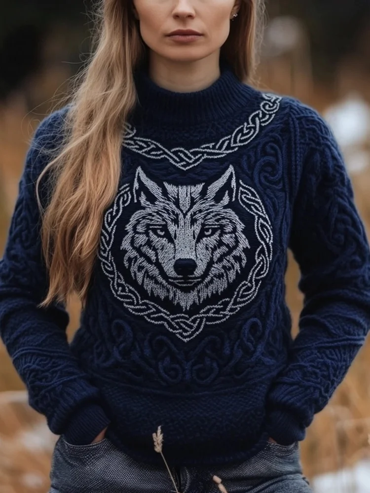 Viking Wolf Inspired Celtic Jacquard Cozy Chunky Sweater