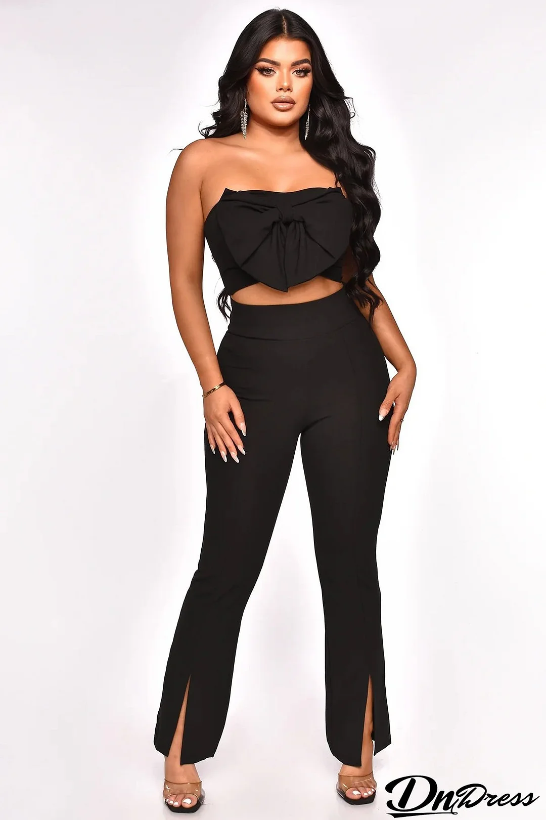 Sexy Solid Bow Tie Strapless Vest Fashion Slit Trousers Two-Piece Pants Set