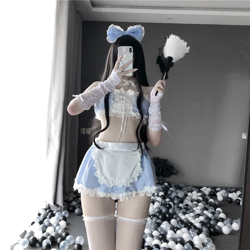Sexy Anime Maid Cosplay Costumes Japanese Kawaii Blue White Erotic Outfit For Woman Bikini Sailor Moon School Girl Dress 0639