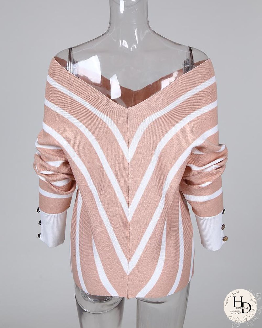 V Neck Popper Cuff Striped Casual Sweater P16131