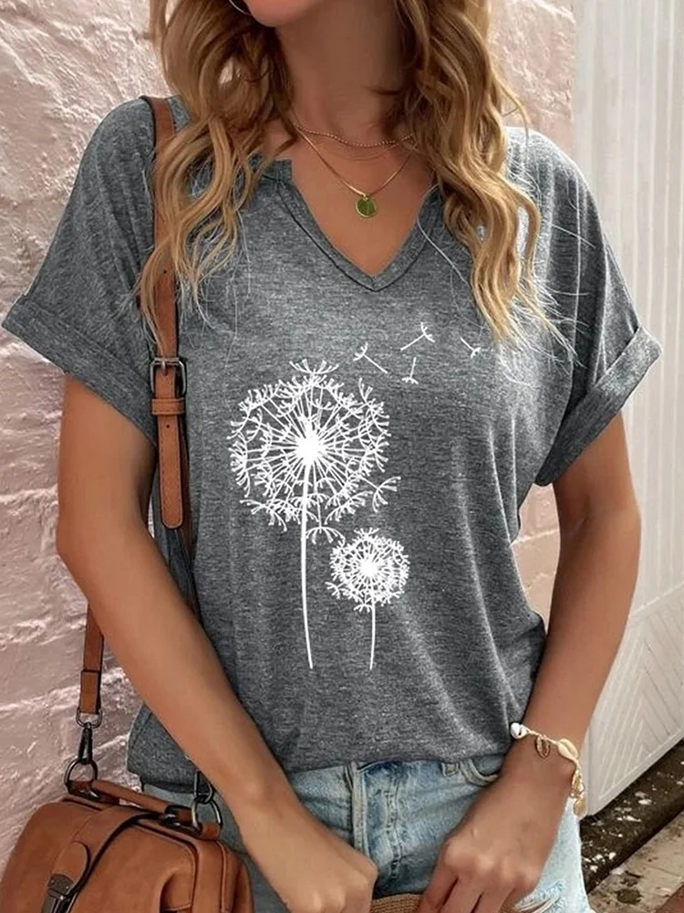 Casual Dandelion Print V Neck Short Sleeve T-Shirt