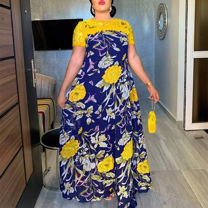 VONDA Bohemian Floral Printed Party Sundress 2022 Summer Women Short Sleeve Lace Patchwork Robe Casual Holiday Maxi Long Dress
