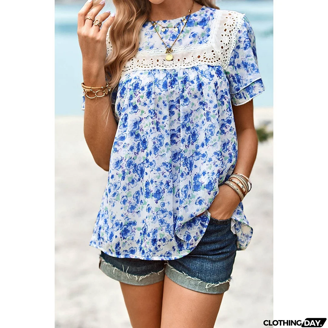 Floral Lace Round Neck Ruffle Loose Fit Top