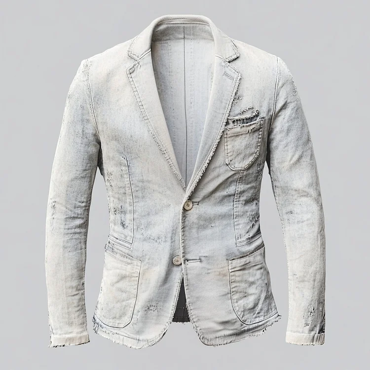Men's Notch Lapel Two Button Pocket Long Sleeve Distressed Denim Blazer