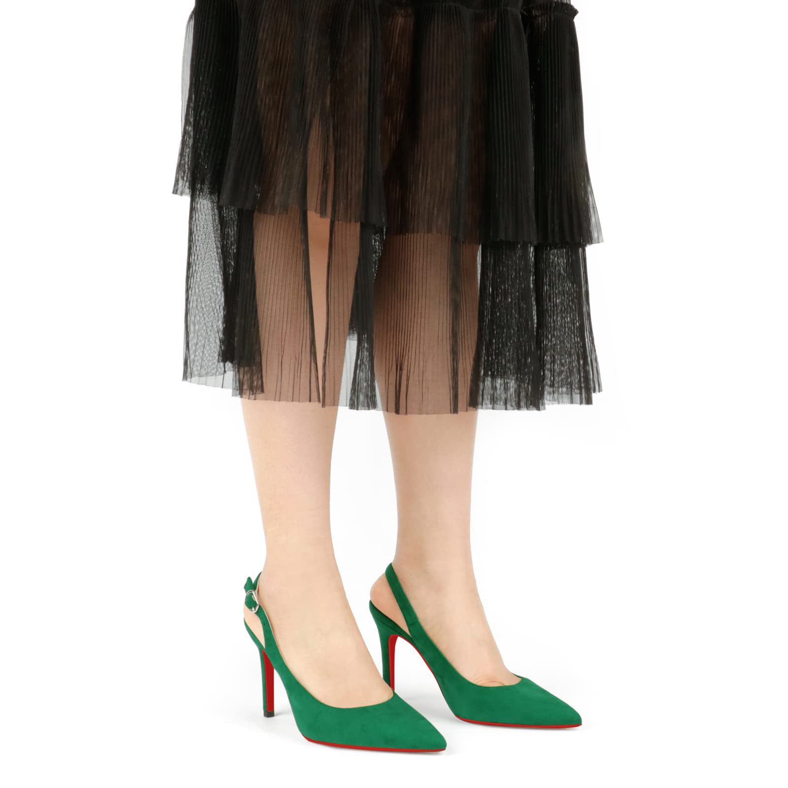 90mm Mid Heels for Women Slingback Pumps Sandals Pointed Toe Pumps Red Bottoms Suede Shoes-MERUMOTE