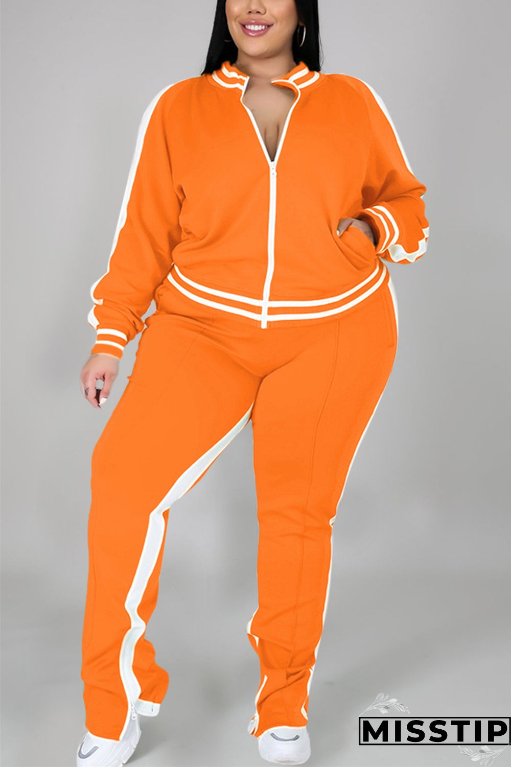 Black Fashion Casual Sportswear Zipper Collar Long Sleeve Regular Sleeve Patchwork Plus Size Set