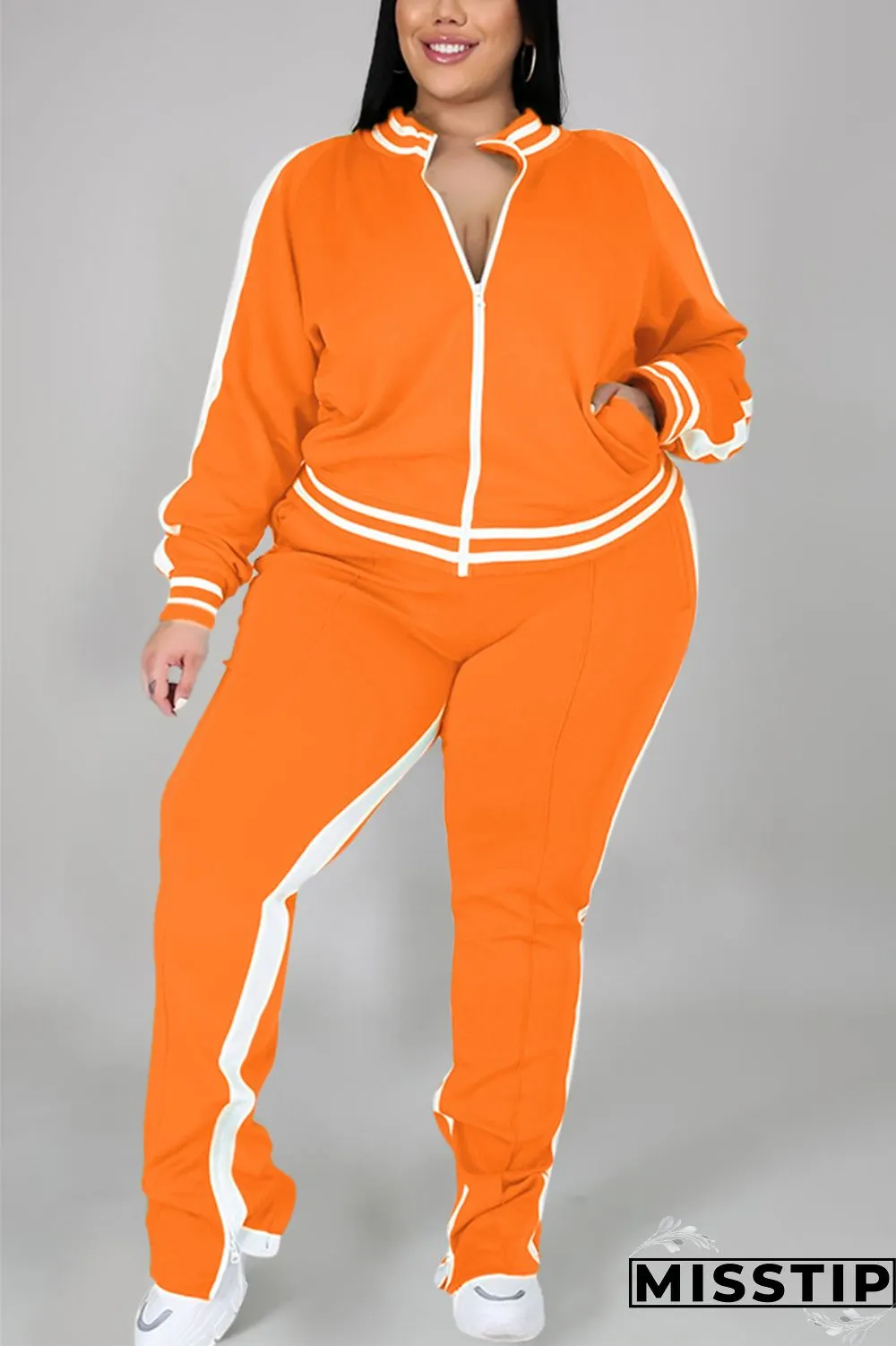 Black Fashion Casual Sportswear Zipper Collar Long Sleeve Regular Sleeve Patchwork Plus Size Set