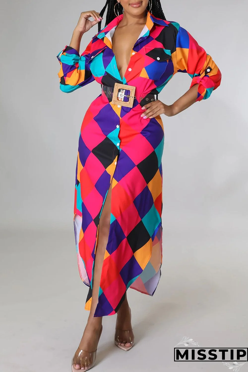 Blue Casual Print Patchwork Buckle Turndown Collar Shirt Dress Dresses