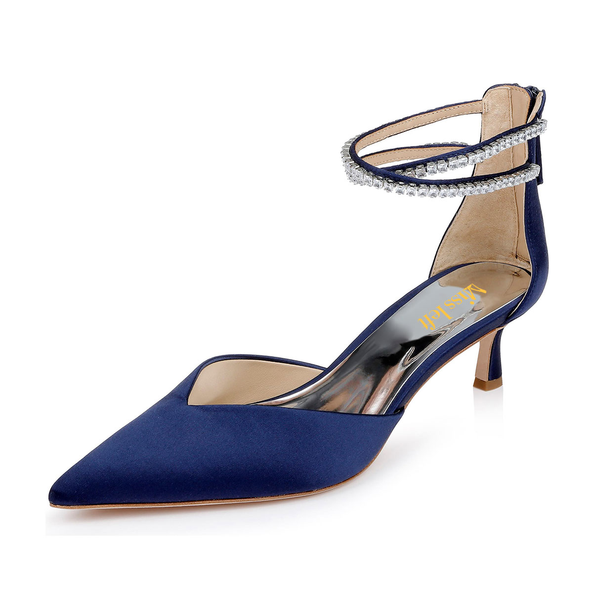Navy Satin Pointed Toe Kitten Heel Rhinestone Ankle Strap Pumps Shoes Nicepairs