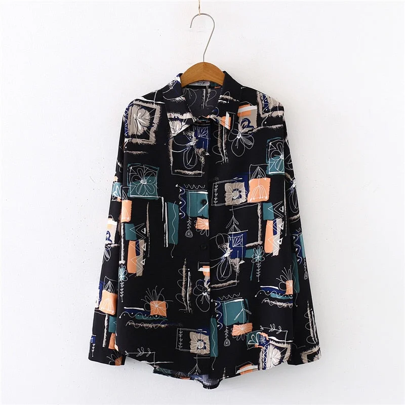 2020 Summer New Women Painting Print Chiffon Blouse Autumn Long Sleeve Black Shirt Vintage Oversize Tops Casual Feminina Blusa T