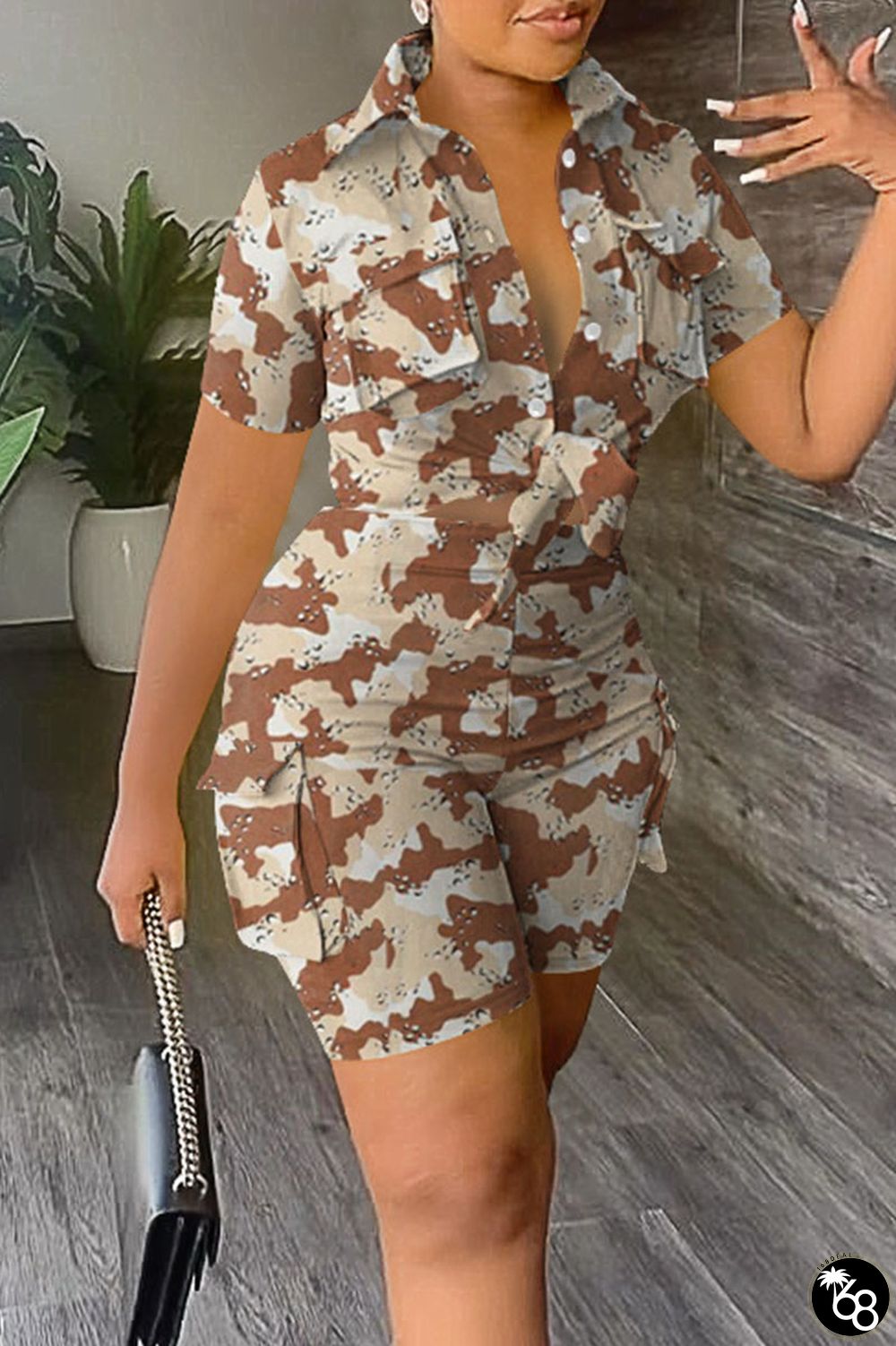 Khaki Casual Street Print Camouflage Print Patchwork Buckle Turndown Collar Short Sleeve Two Pieces | 168DEAL