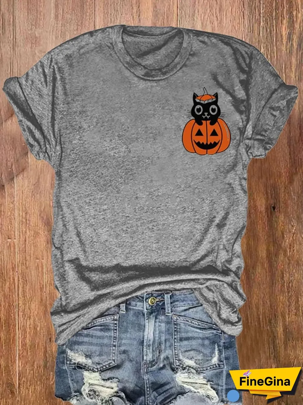 Women's Pumpkin Cat Halloween Printed Short Sleeve T-Shirt