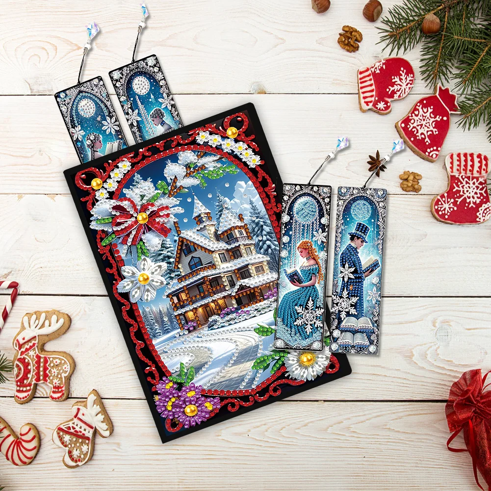 Christmas House A5 Size Diamond Painting Notebook Set with 4Pcs Bookmark Gift
