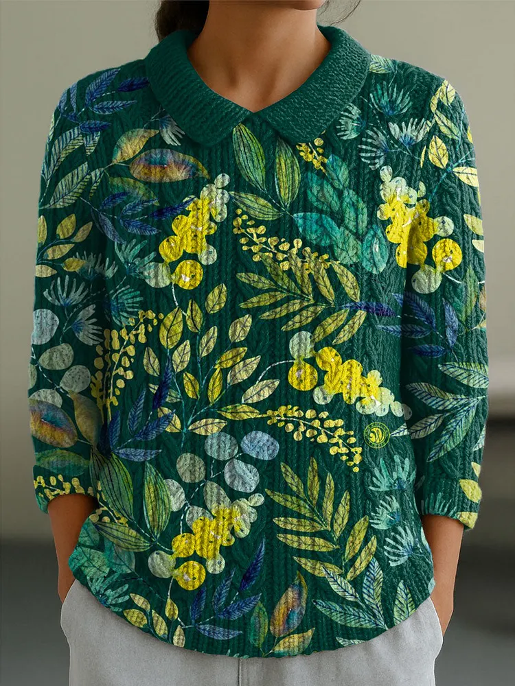Women's Vintage Plant Leaf Art Print Casual Peter Pan Collar 3/4 Sleeve Sweater