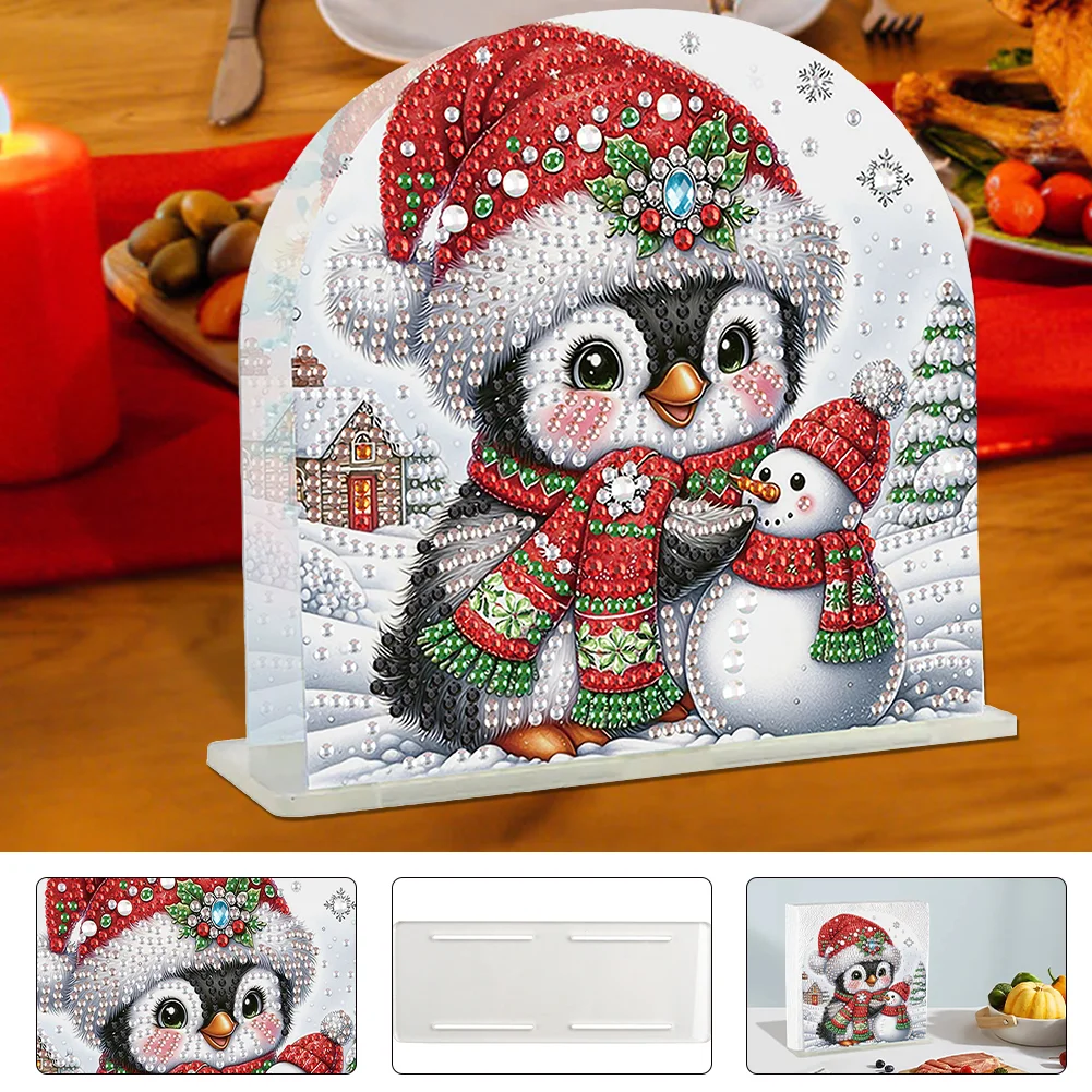 5D DIY Christmas Penguin Snowman Acrylic Diamond Art Painting Napkin Holder Set