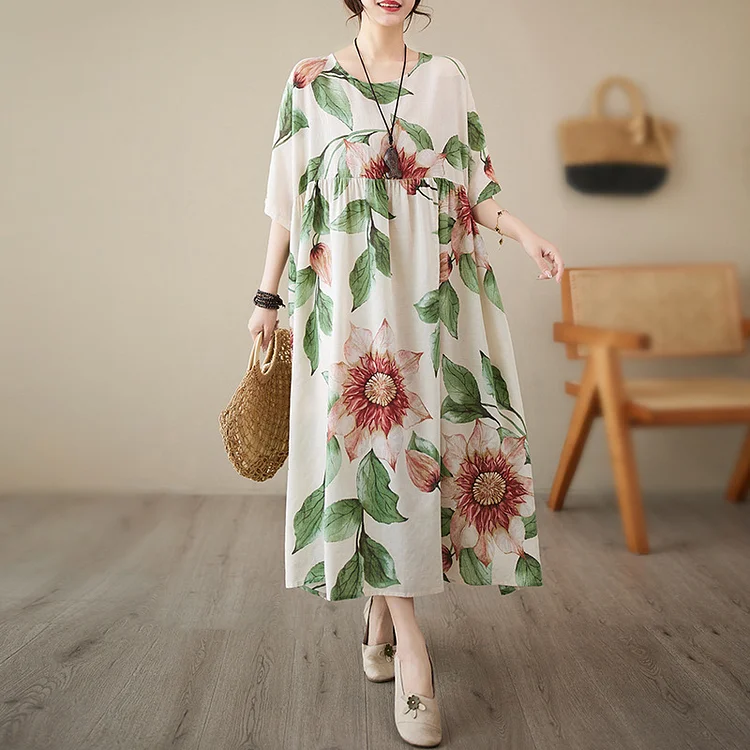 Loose Printed Short Sleeve Maxi Dress