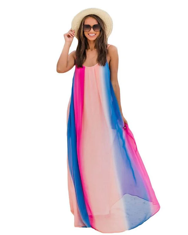 Women's Strap Dress Maxi Long Dress Sleeveless Rainbow Summer Elegant Rainbow