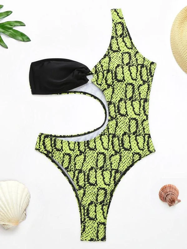 Color-Block Hollow One-Shoulder One-Piece Swimwear