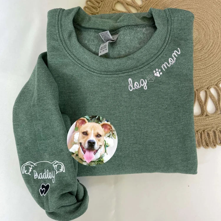 Dog Mom Sweatshirt Custom With PawPrint On Neckline, Dog Ear Sleeve Sweatshirt, Outline Ears Dog Mama Embroidered Sweatshirt, Dog Mom Gift