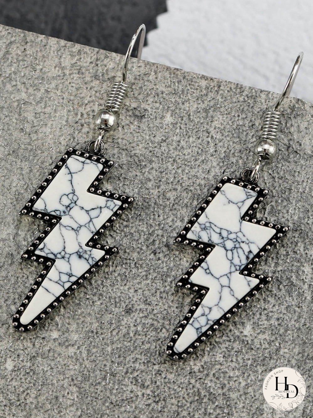 Lightning Bolt Earrings with Vintage White Marble Texture
