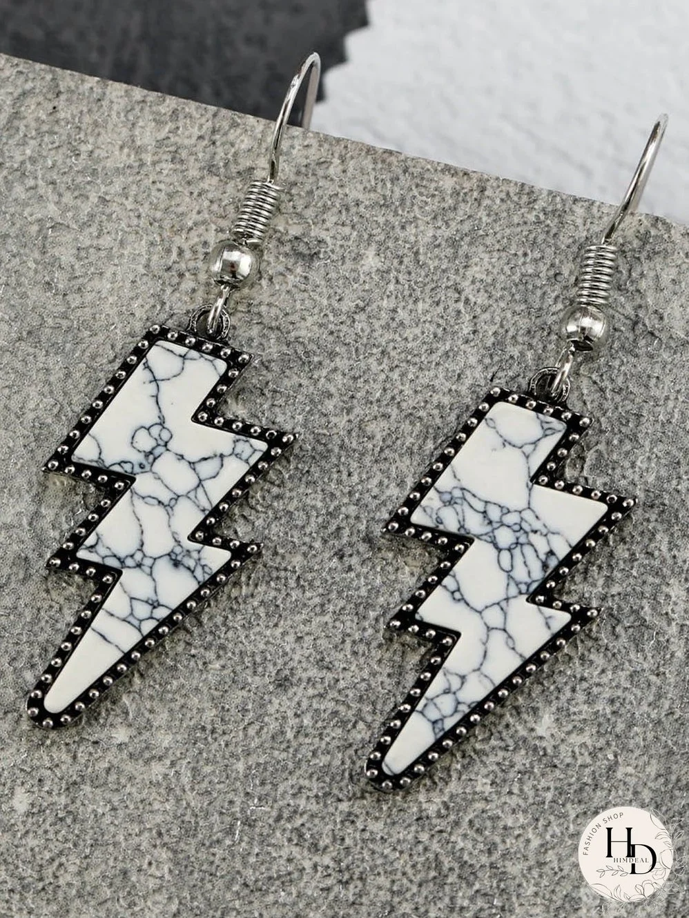 Lightning Bolt Earrings with Vintage White Marble Texture