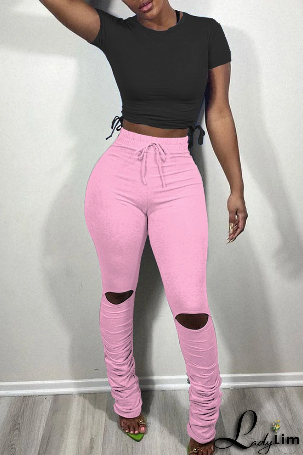 Pink Fashion Casual Solid Ripped Fold Skinny High Waist Trousers