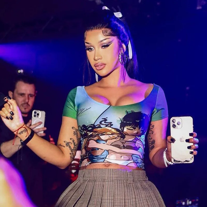 Uveng Uveng Women's Summer Fashion New 3D Digital Printed Short Sleeve U-Necked U-Necked U-Necked Umbilly T-Shirt