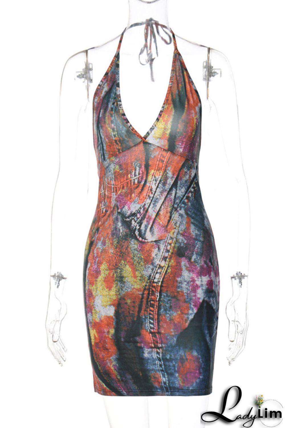 Blue Sexy Print Patchwork Halter Pencil Skirt Dresses