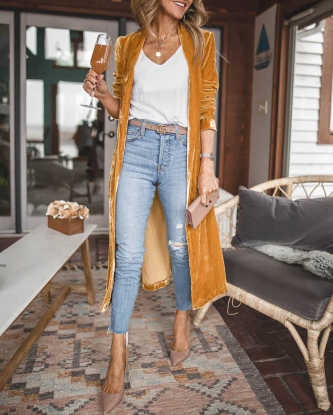 Women'S Retro Velvet Long Sleeve Pocket Coat